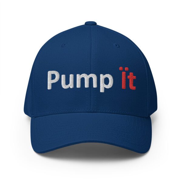 Blue baseball cap with "Pump it" text.