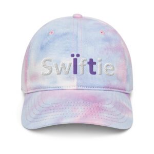 Tie-dye baseball cap with "Swiftie" embroidered.