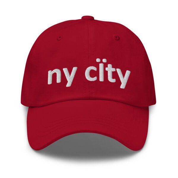 Red baseball cap with "ny city" in white.