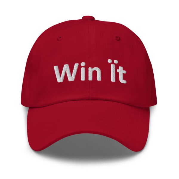 Red baseball cap with "Win it" text.