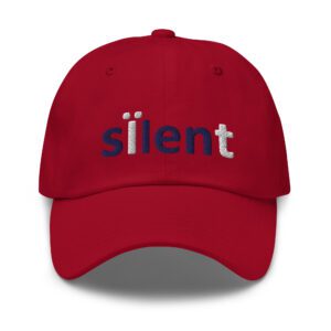 Red baseball cap with "silent" embroidered on it.