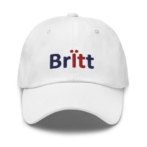 White dad hat with "Britt" embroidered on it.