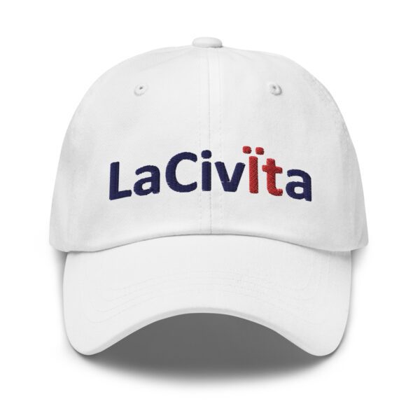 White dad hat with LaCivita logo.