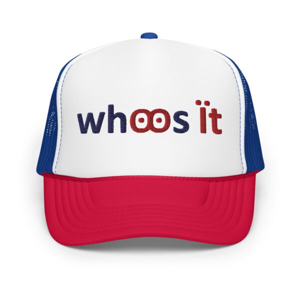 Red, white, and blue trucker hat with "whoosit" logo.
