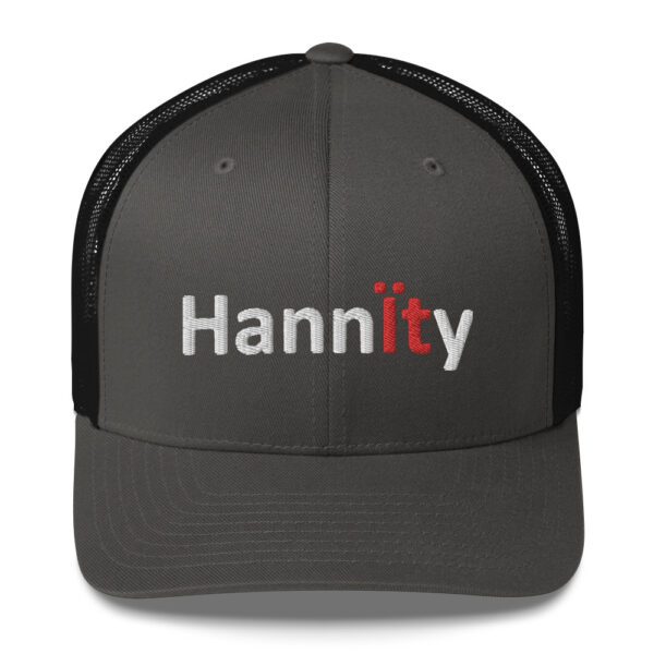 Gray and black trucker hat with "Hannity" logo.