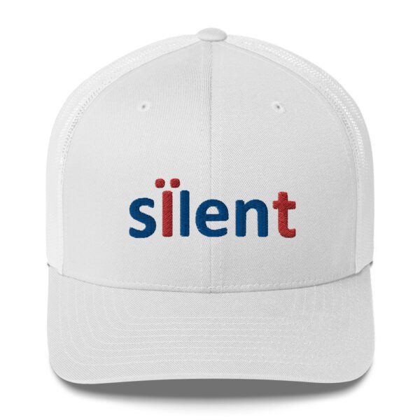 White baseball cap with "silent" logo.