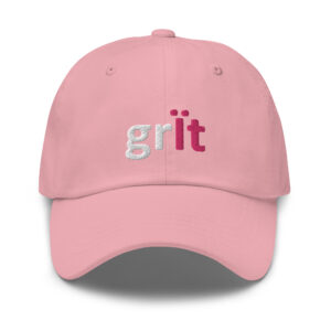 Pink baseball cap with "grit" embroidered on it.