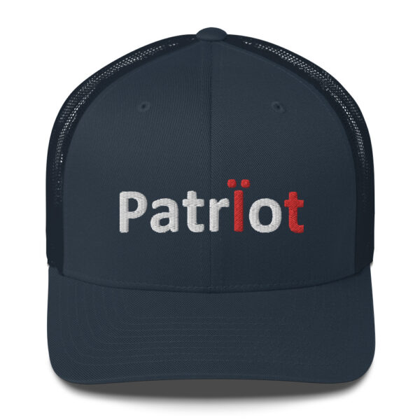 Blue and black trucker hat with "Patriot" logo.