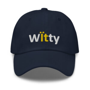 Blue baseball cap with "Witty" embroidered.