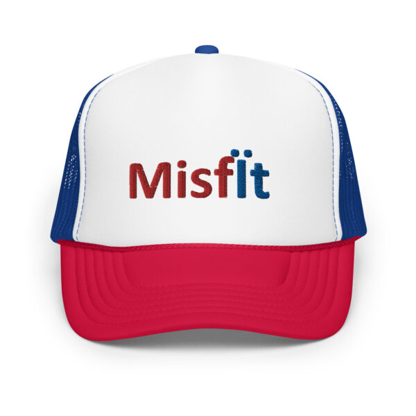 White and red trucker hat with "Misfit" logo.