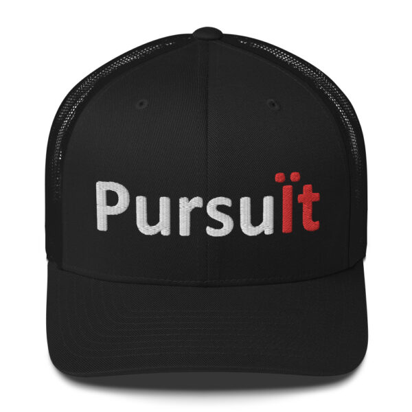 Black trucker hat with "Pursuit" logo.