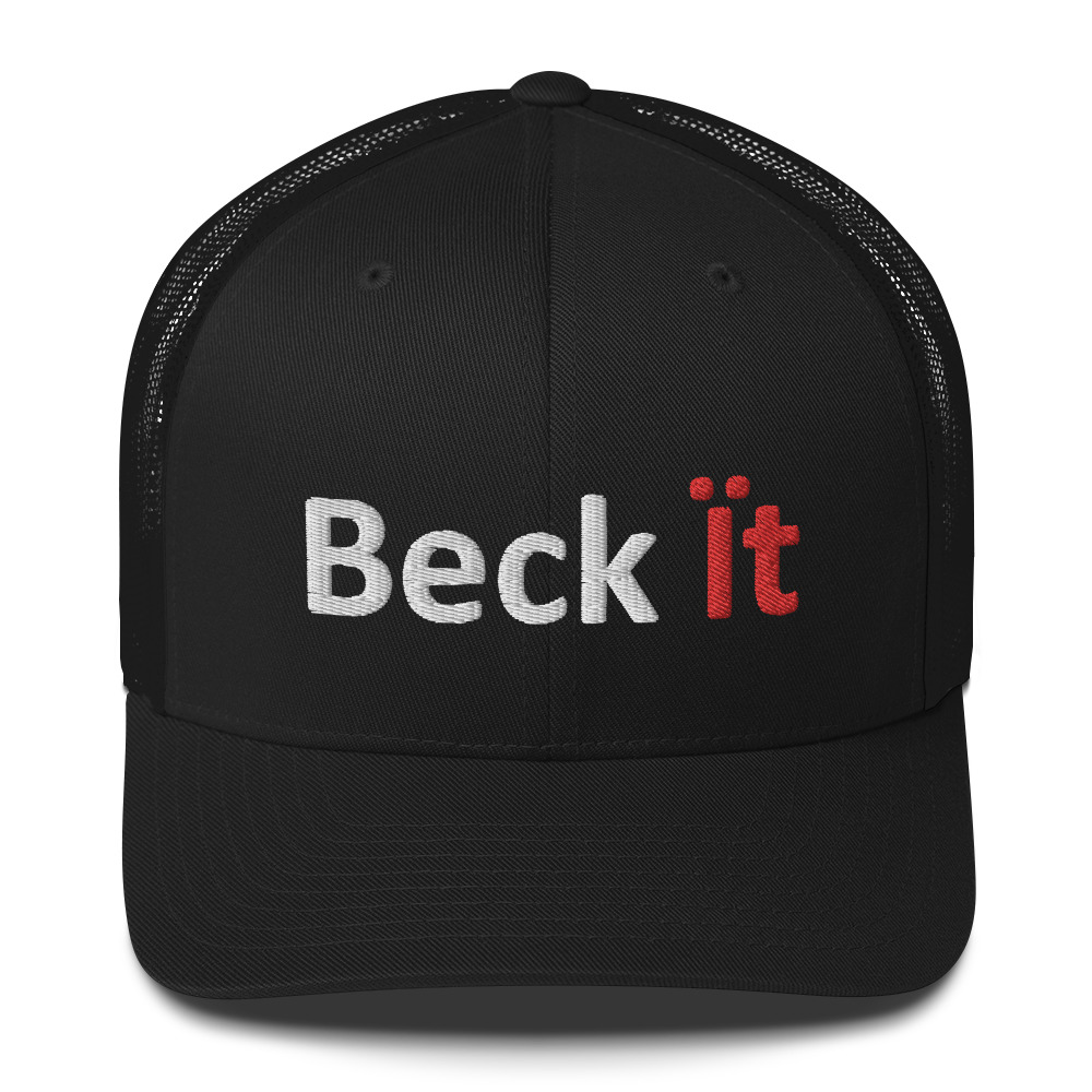 Black trucker hat with "Beck it" embroidered.
