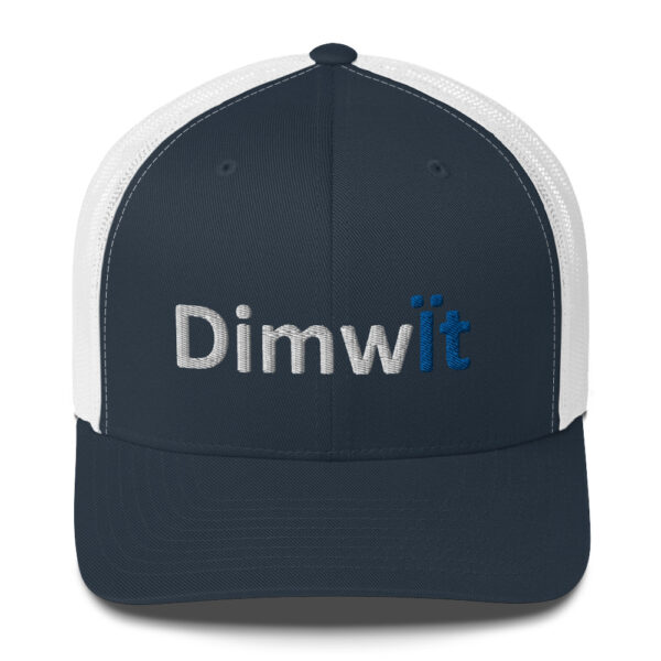 Blue and white trucker hat with "Dimwit" logo.