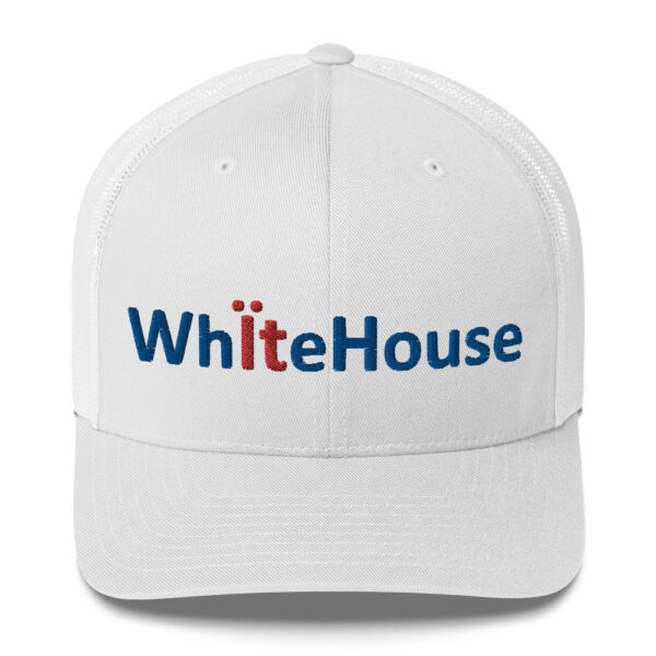 White House embroidered on a white hat.