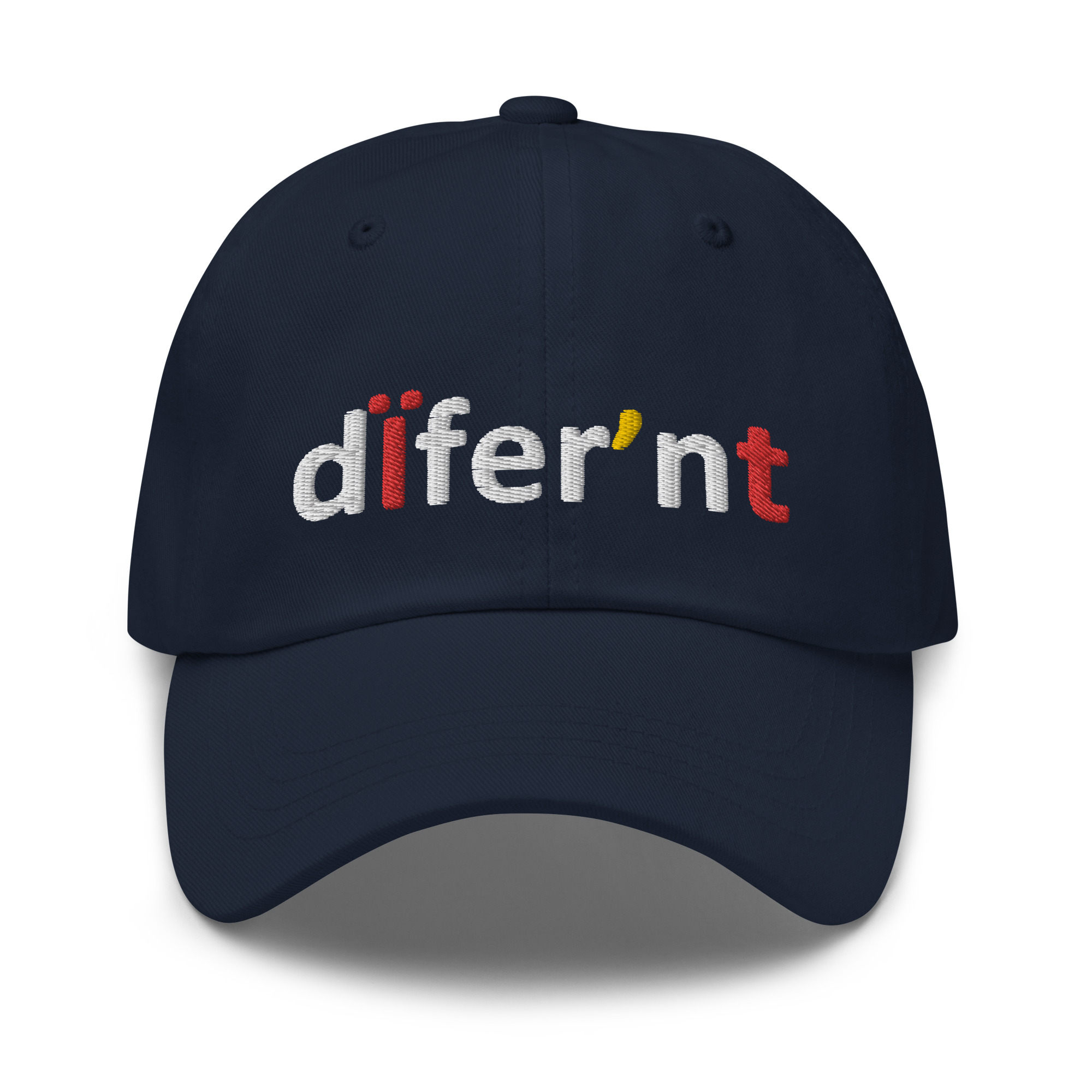 Navy blue baseball cap with "differ'nt" embroidered.