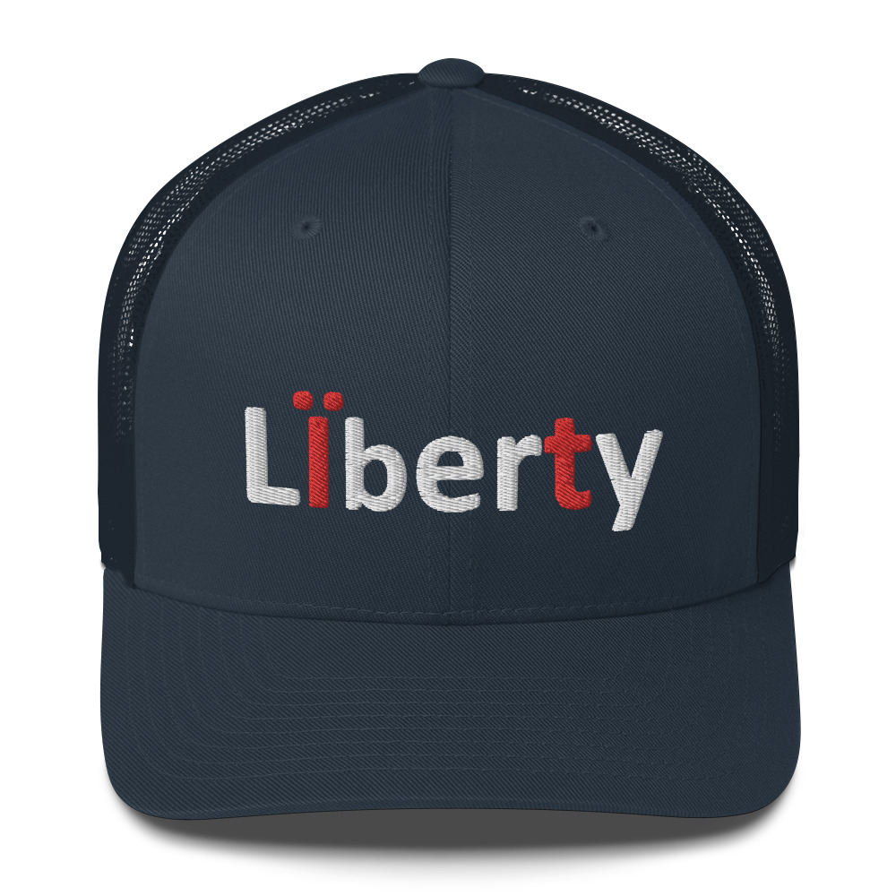 Blue and black trucker hat with Liberty logo.