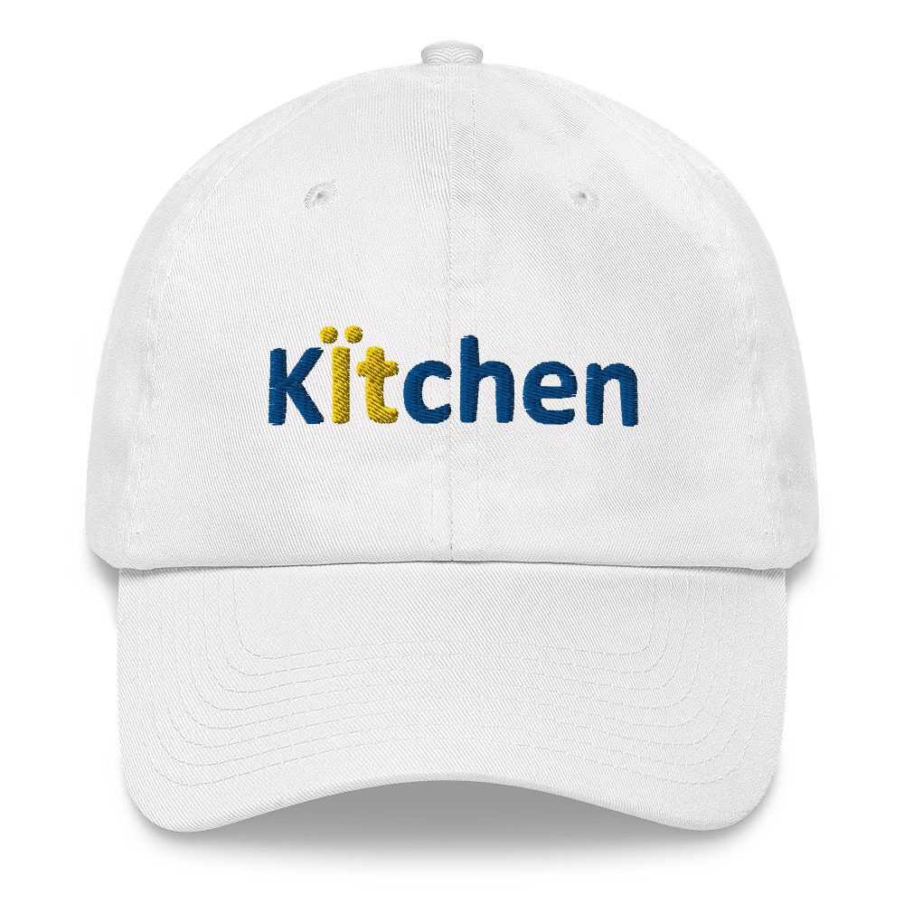 White cap with "Kitchen" embroidered text.