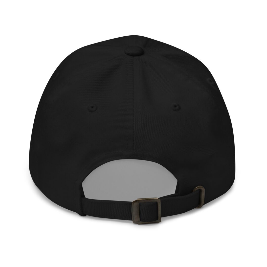 Back view of a black baseball cap.