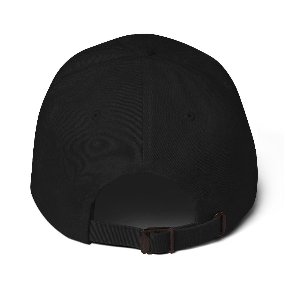 Back view of a black baseball cap.