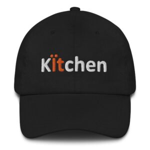 Black cap with "Kitchen" embroidered text.
