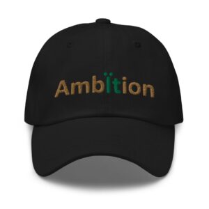 Black cap with "Ambition" embroidered text.