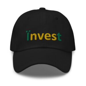 Black cap with "Invest" embroidered in yellow.