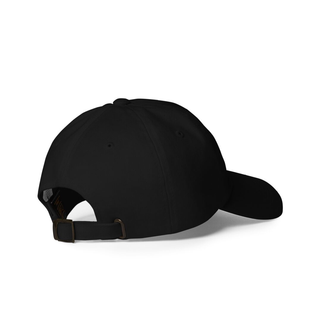 Black baseball cap with adjustable strap.