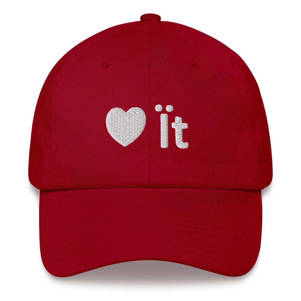 Red cap with "love it" embroidery.