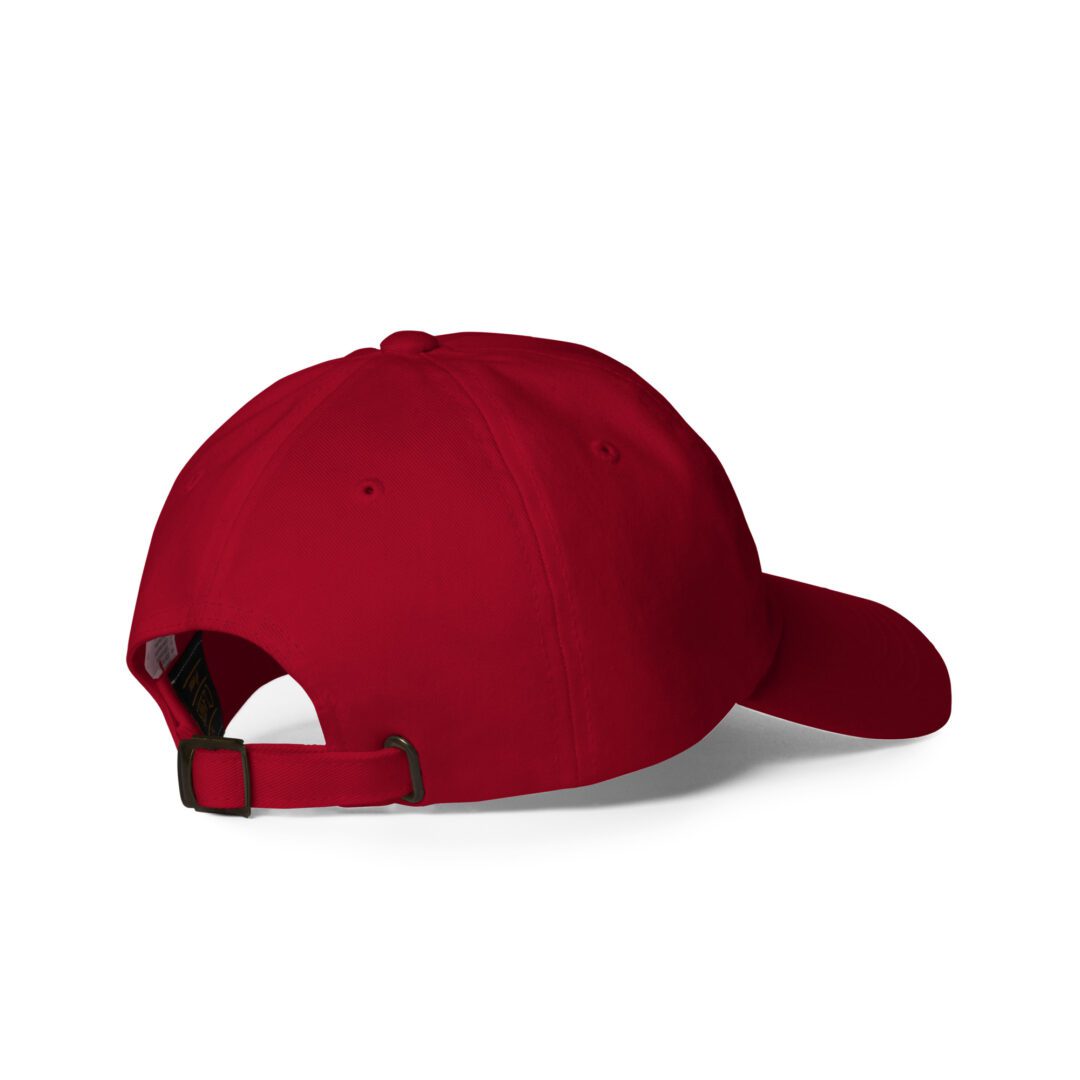 Red baseball cap with adjustable strap.
