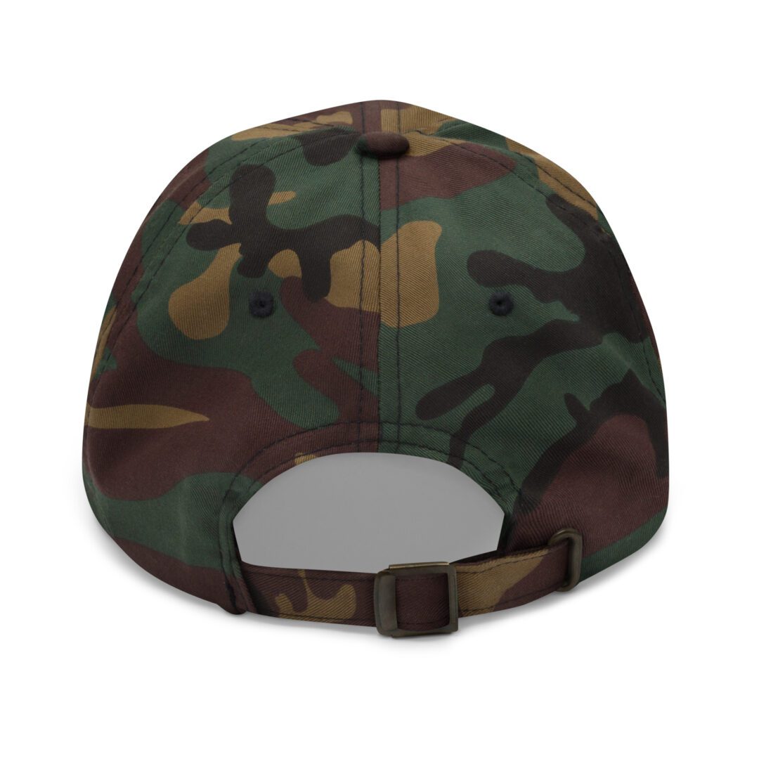 Back of camouflage baseball cap with strap.