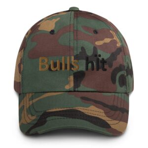 Camouflage cap with embroidered text design.