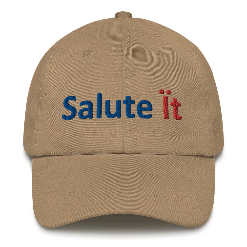 Beige cap with "Salute It" text.