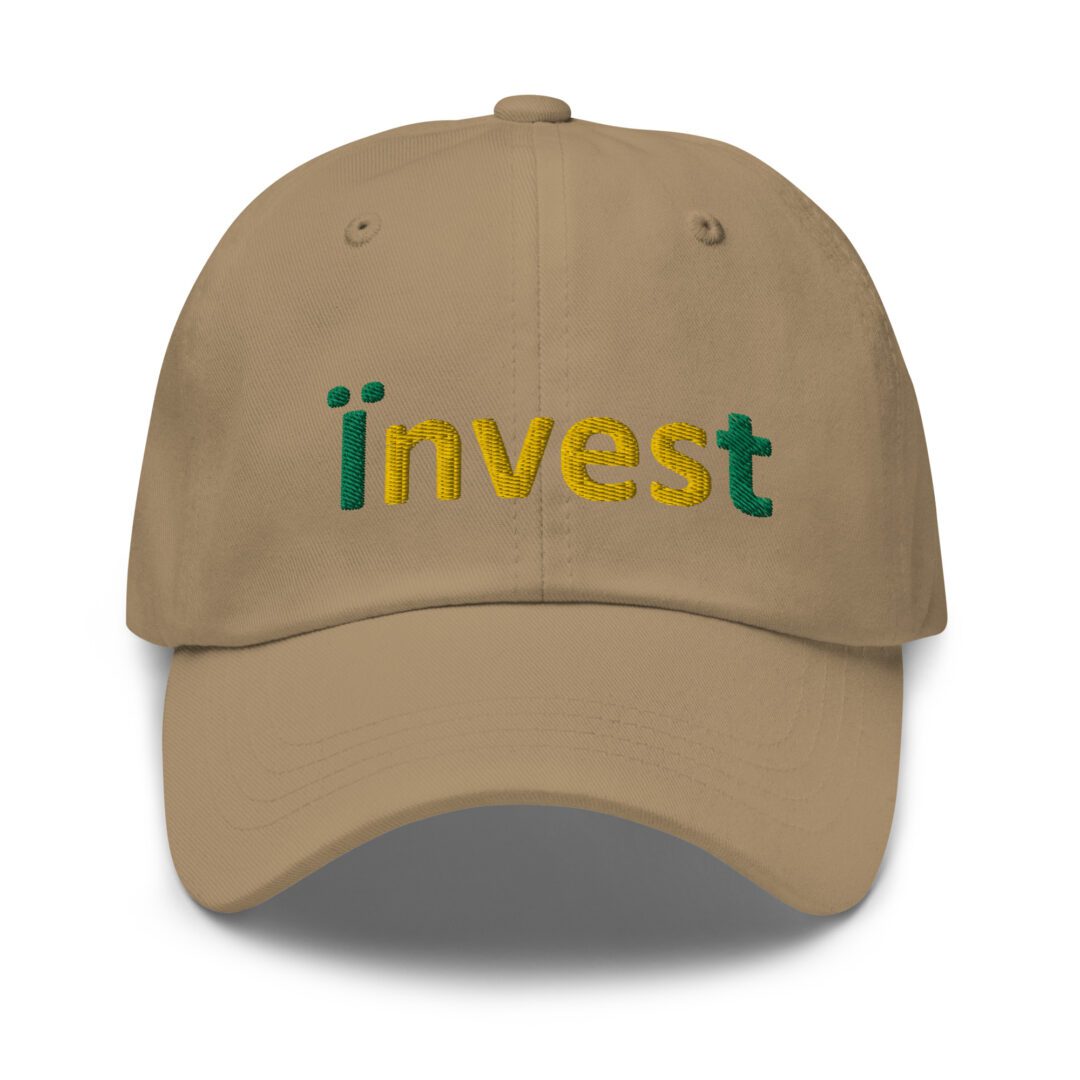 Beige cap with "Invest" embroidered in colors.