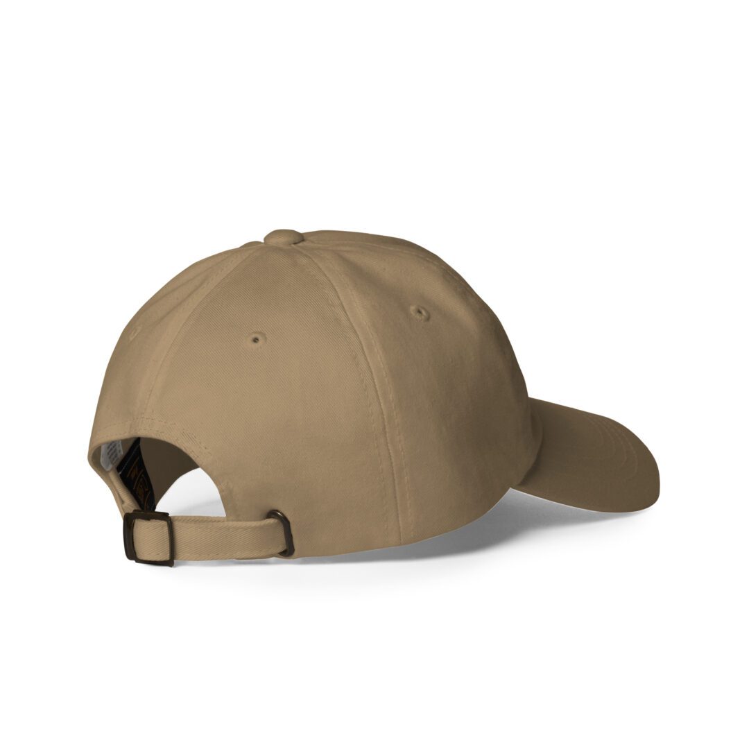 Tan baseball cap with adjustable strap.