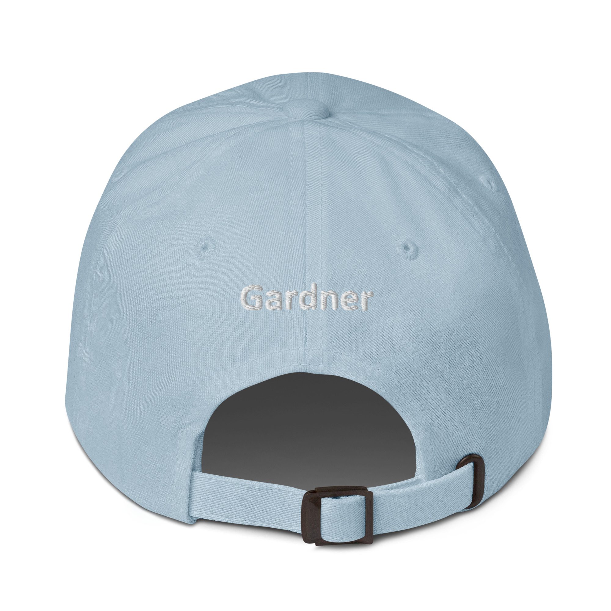 Light blue cap with adjustable strap.