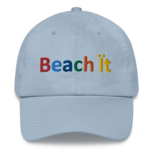 Light blue cap with "Beach it" text.