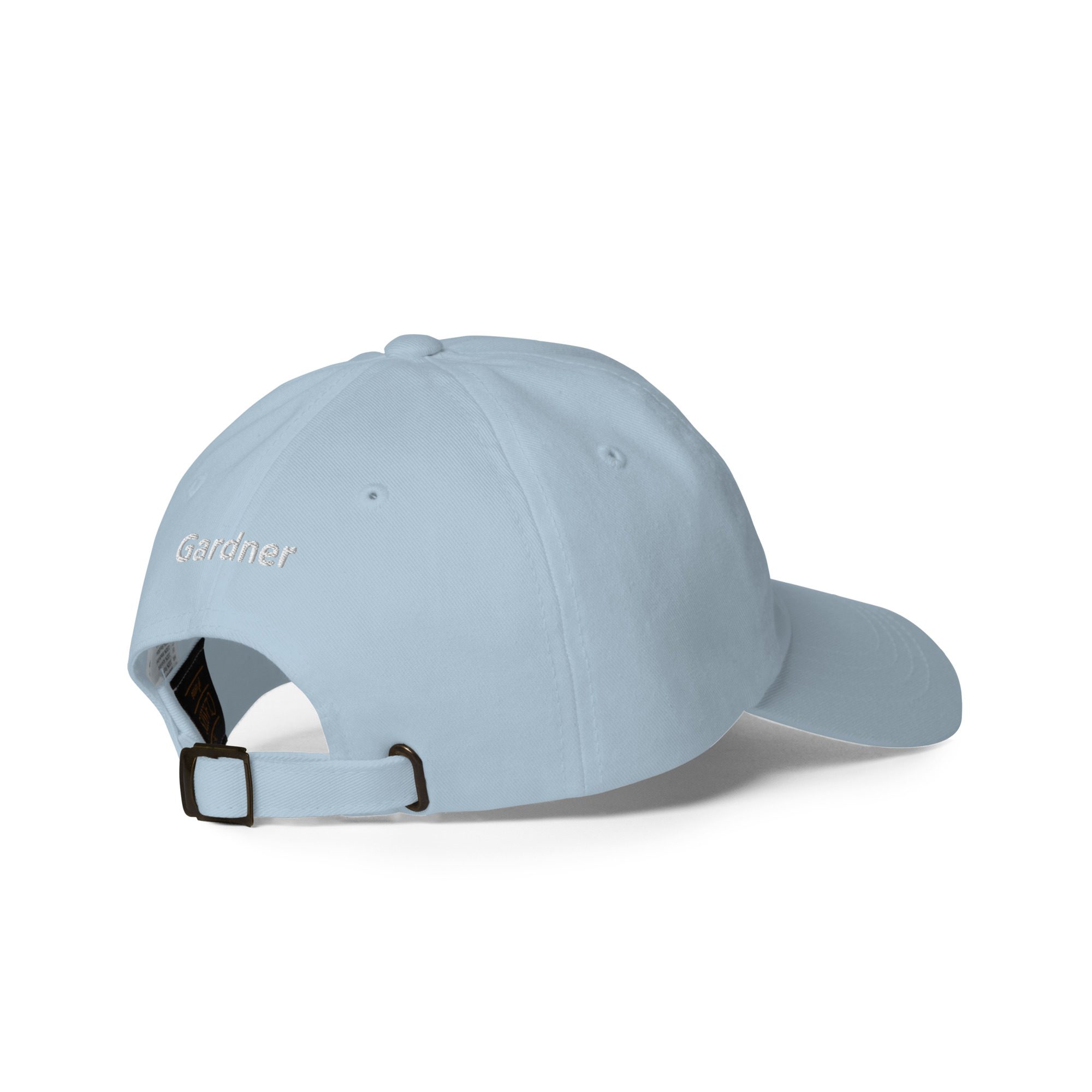 Light blue baseball cap, back view.