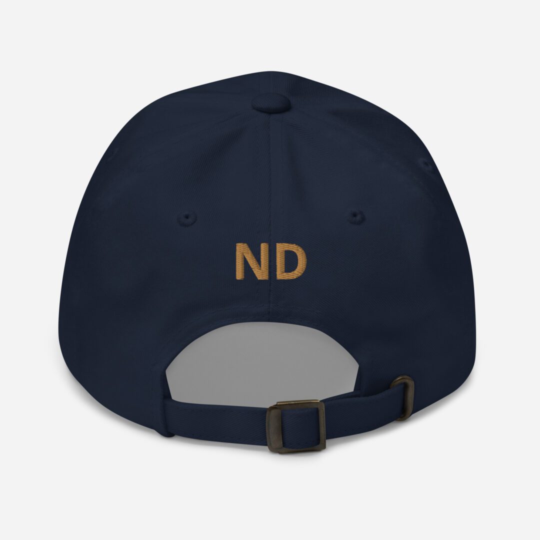 Navy cap with "ND" embroidered on back.