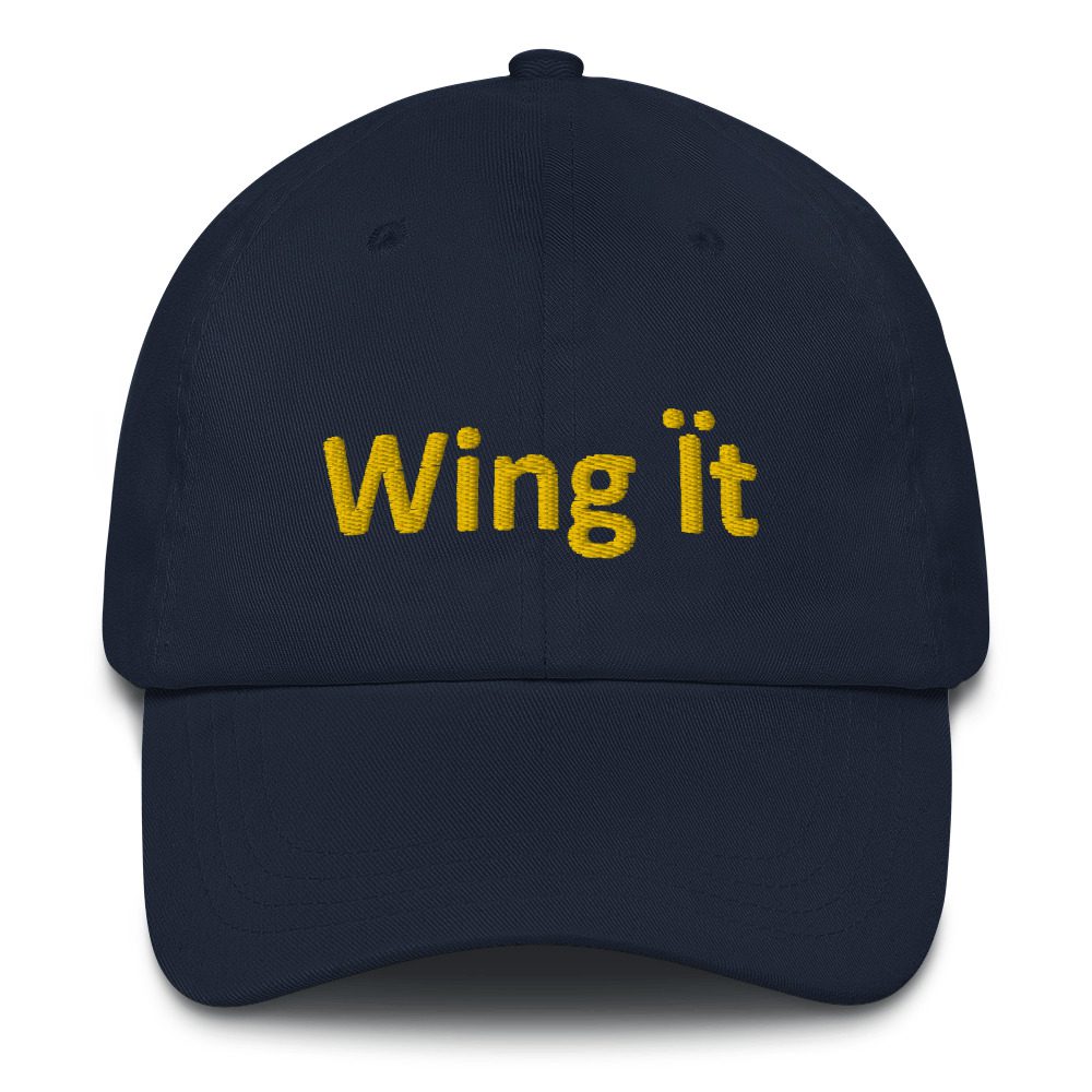 Navy cap with "Wing it" embroidery.
