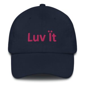 Navy cap with "Luv It" text.