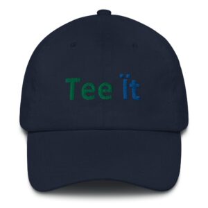 Navy cap with "Tee it" text.