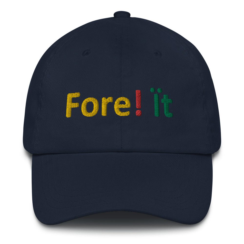 Navy blue cap with colorful embroidered text.