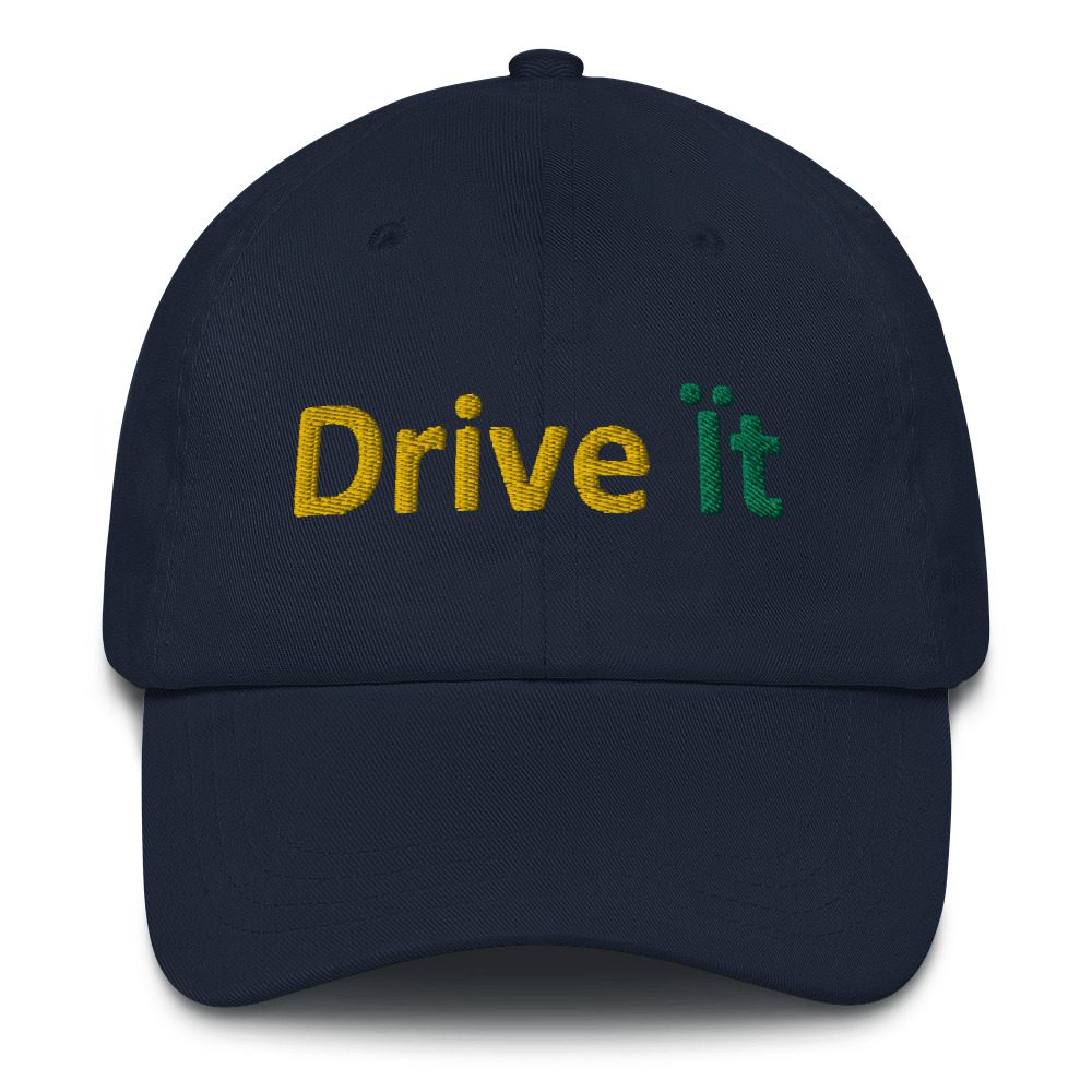 Navy blue cap with "Drive it" text.
