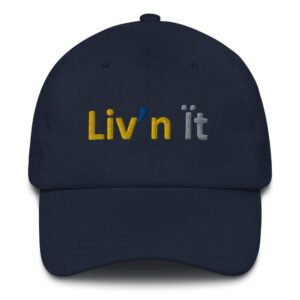 Navy cap with "Liv'n It" text.