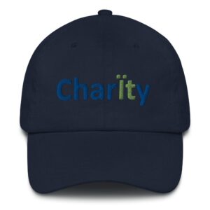 Navy cap with "Charity" embroidered text.