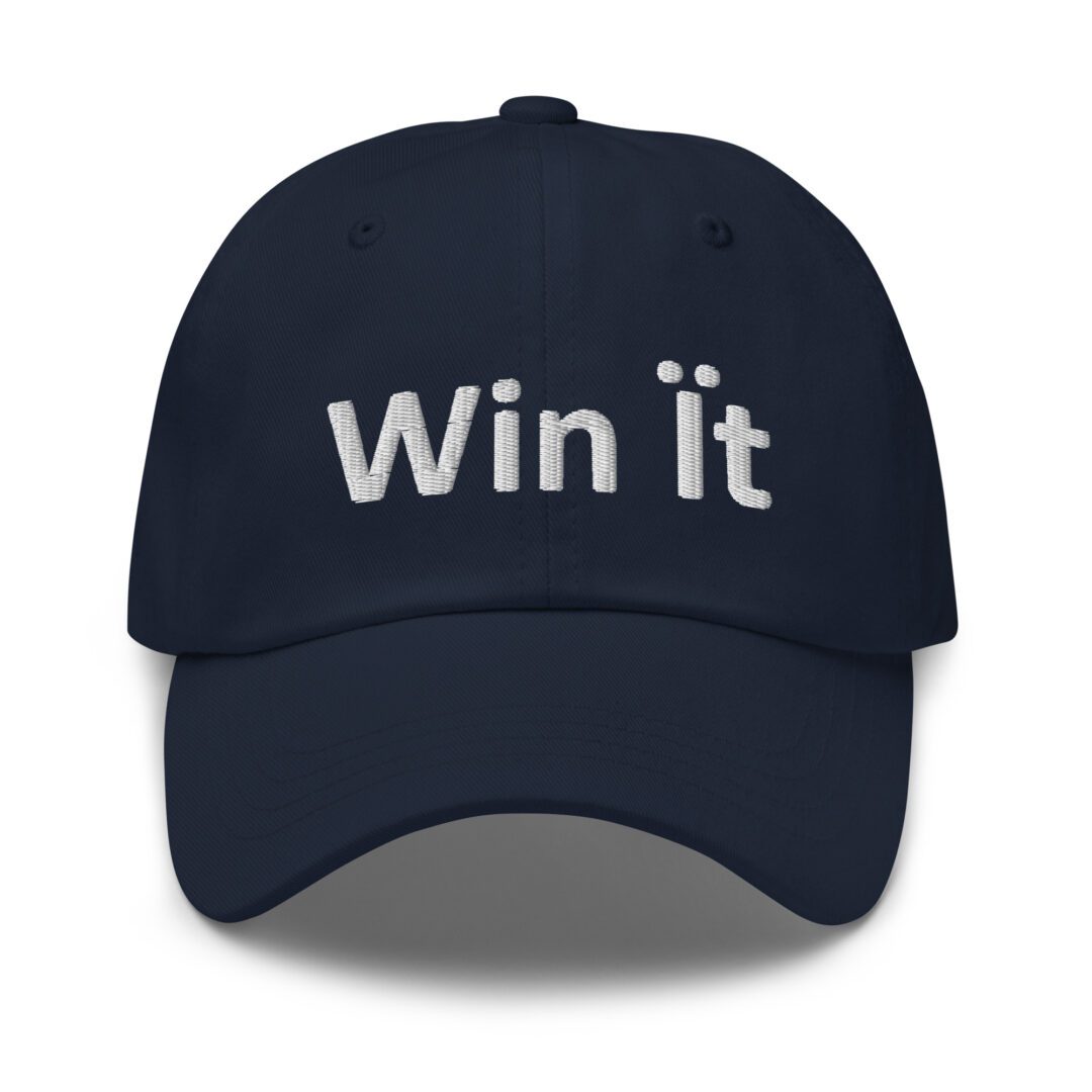 Navy cap with "Win it" text.
