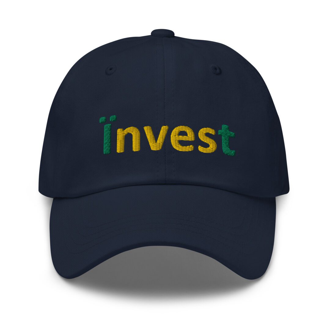 Navy cap with "Invest" embroidered in color.