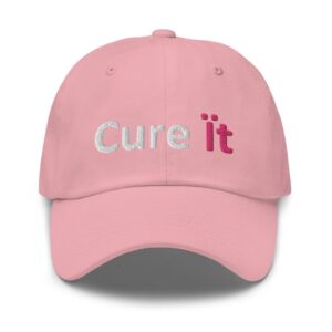 Pink cap with "Cure it" embroidered text.