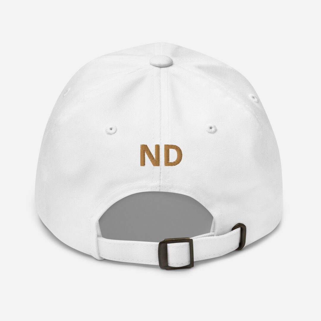 White cap with "ND" embroidered on back.