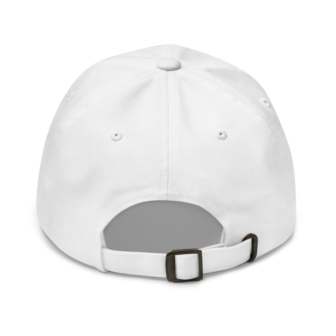 White baseball cap with adjustable strap.
